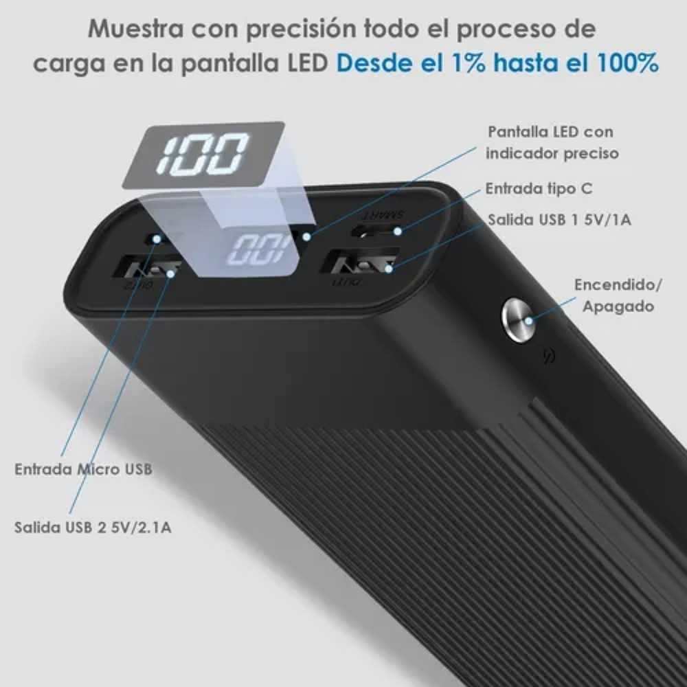 Power Bank Batería Portátil 20000mah 2.1a Carga Rápida 1hora