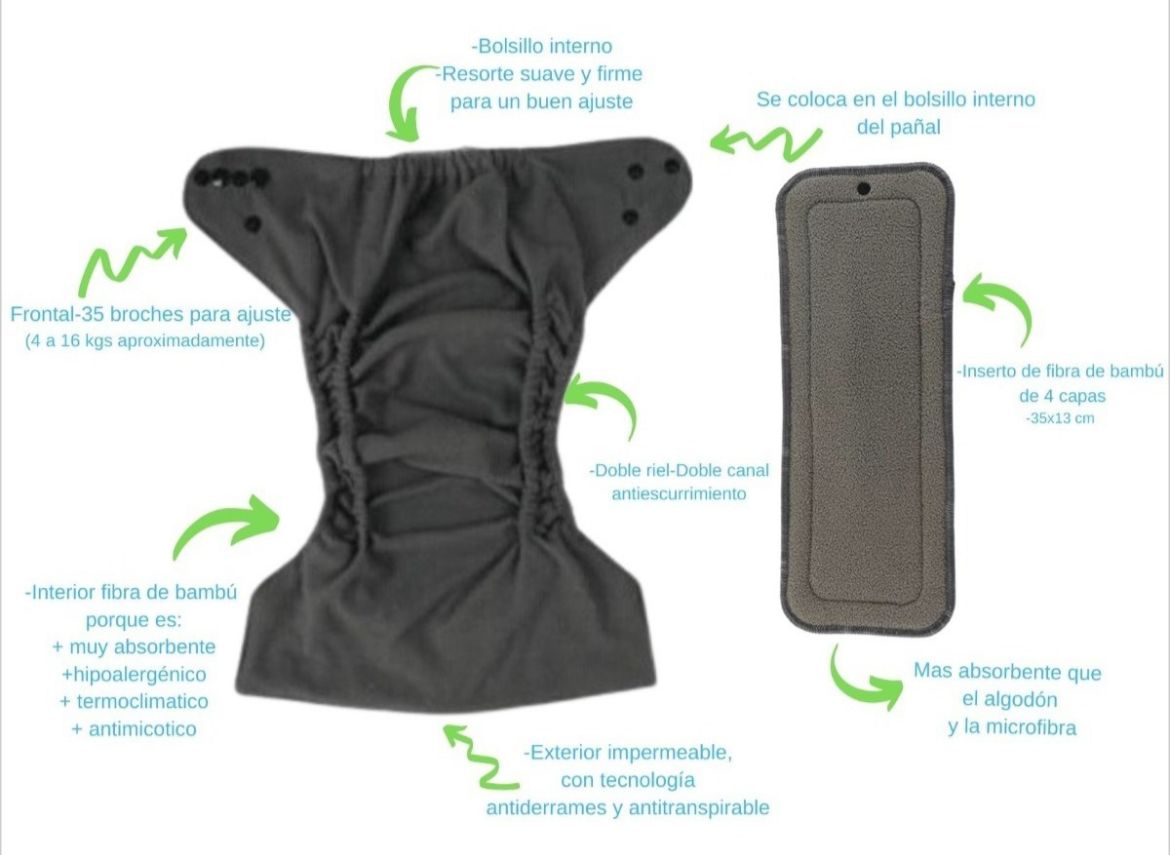 5 PAÑALES ECOLÓGICOS DOBLE RIEL INTERIOR BAMBÚ Niño + 5 insertos de bambú de 4 capas