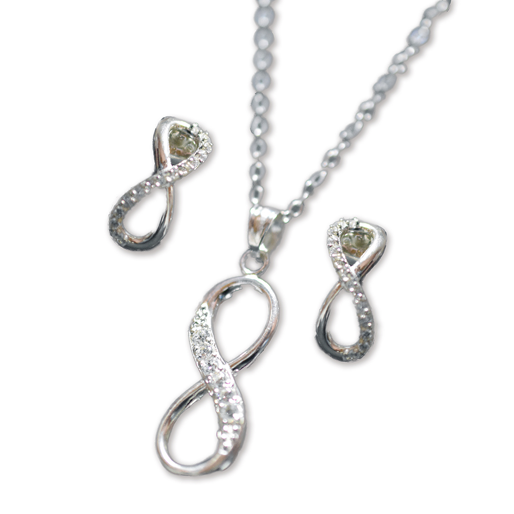 Juego Dije y Aretes Infinito con cristal Plata Ley 925