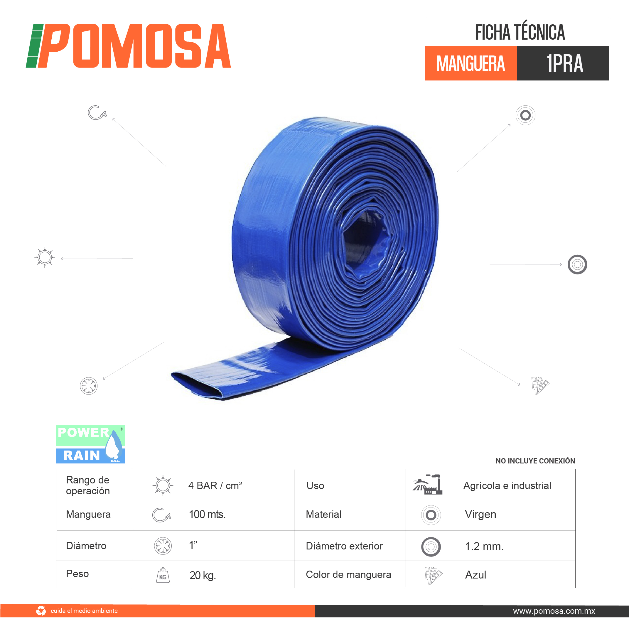 MANGUERA PLANA DE DESCARGA DE AGUA 1 PULGADA X 100 METROS 1PRA POWER RAIN USA