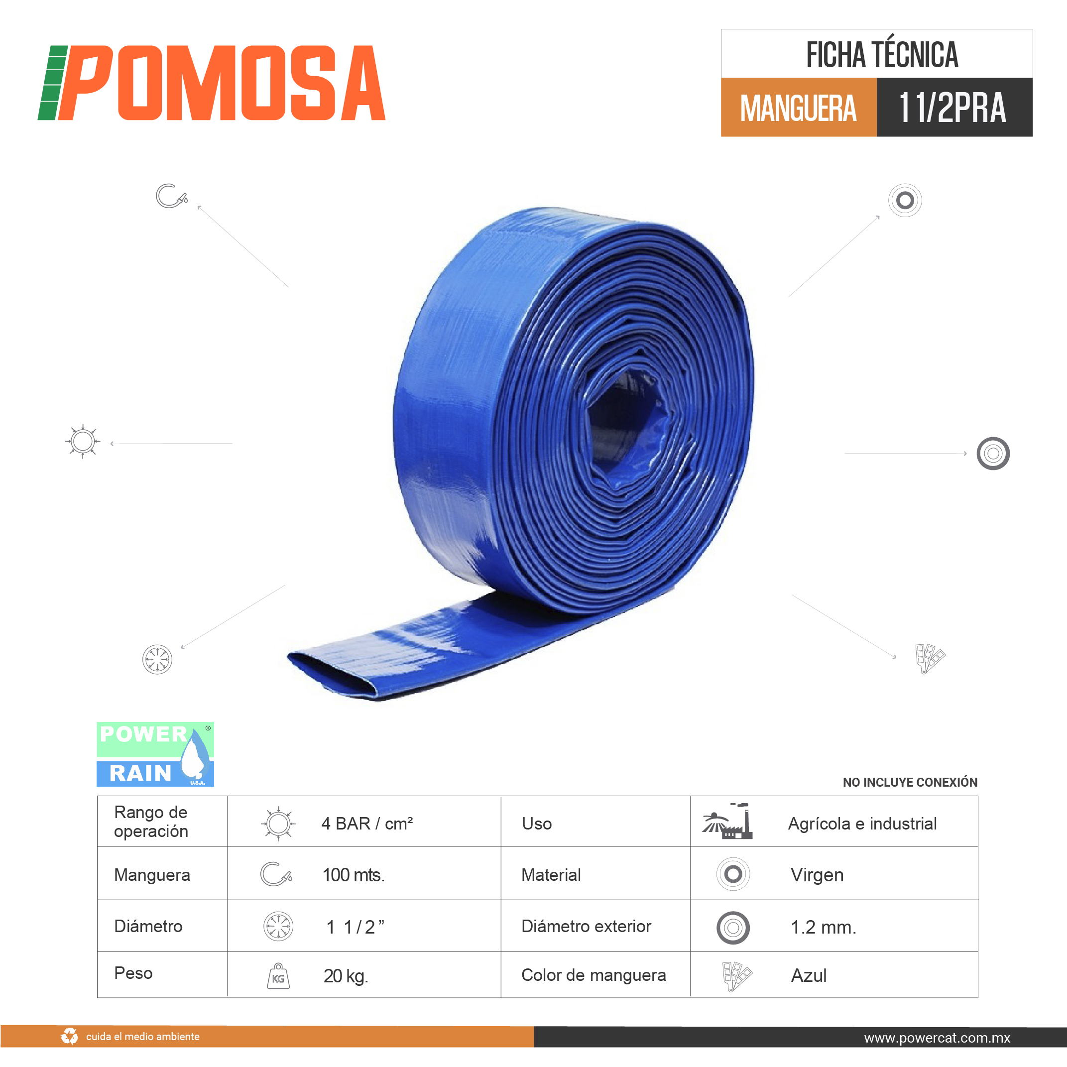 MANGUERA PLANA DE DESCARGA DE AGUA 1 1/2 PULGADA X 100 METROS 1 1/2 PRA POWER RAIN USA
