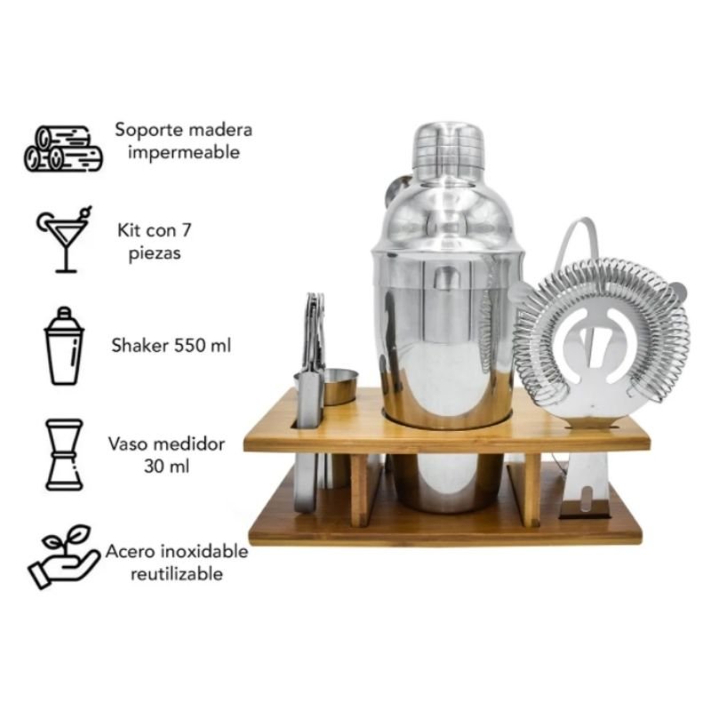 Nuvó 1768-11 Kit Cocteleria 7pz Bartender Barman Jigger Shaker Mixologia