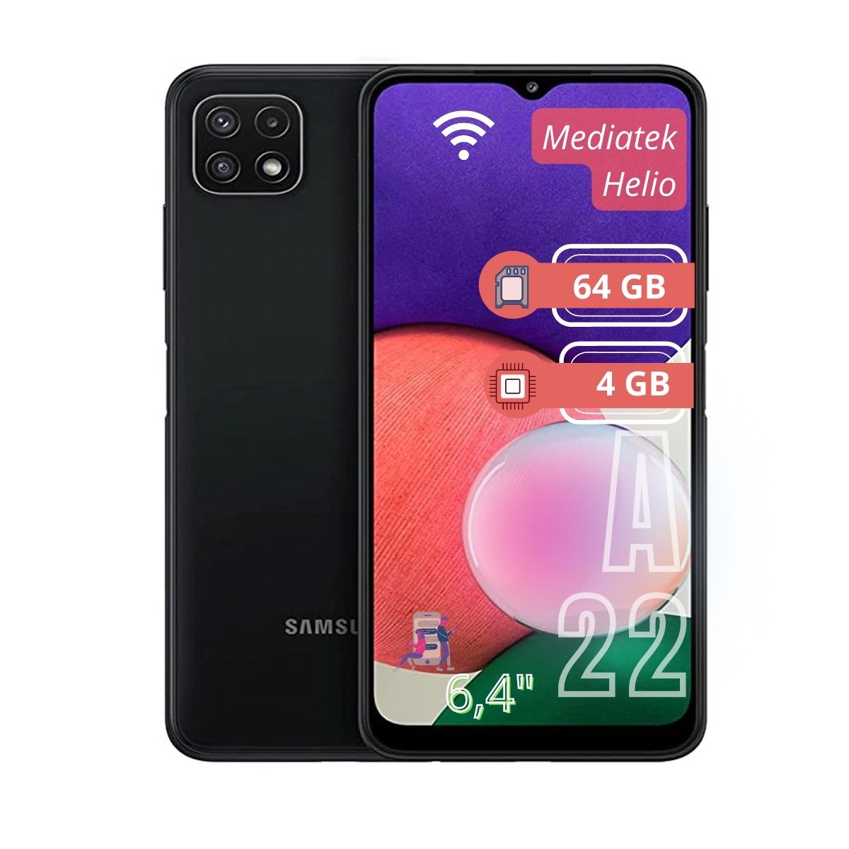 Celular Samsung Galaxy A22 6.4" 64GB/4GB Cámara 48MP+8MP+2MP+2MP/13MP Mediatek Android 11 Color Negro