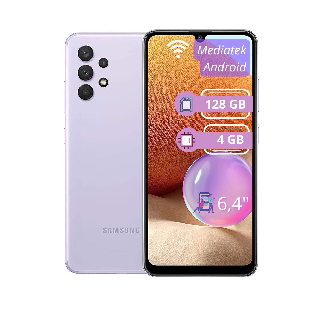 Celular Samsung Galaxy A32 6.4" 128GB/4GB Cámara 64MP+8MP+5MP+5MP/20 MP Mediatek Android 11 Single Sim Color Violeta