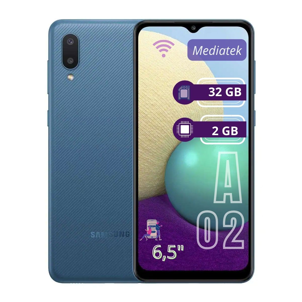 Celular Samsung Galaxy A02 6.5" Mediatek 32GB/2GB Cámara 13MP+2MP/5MP Android 10 Color Azul