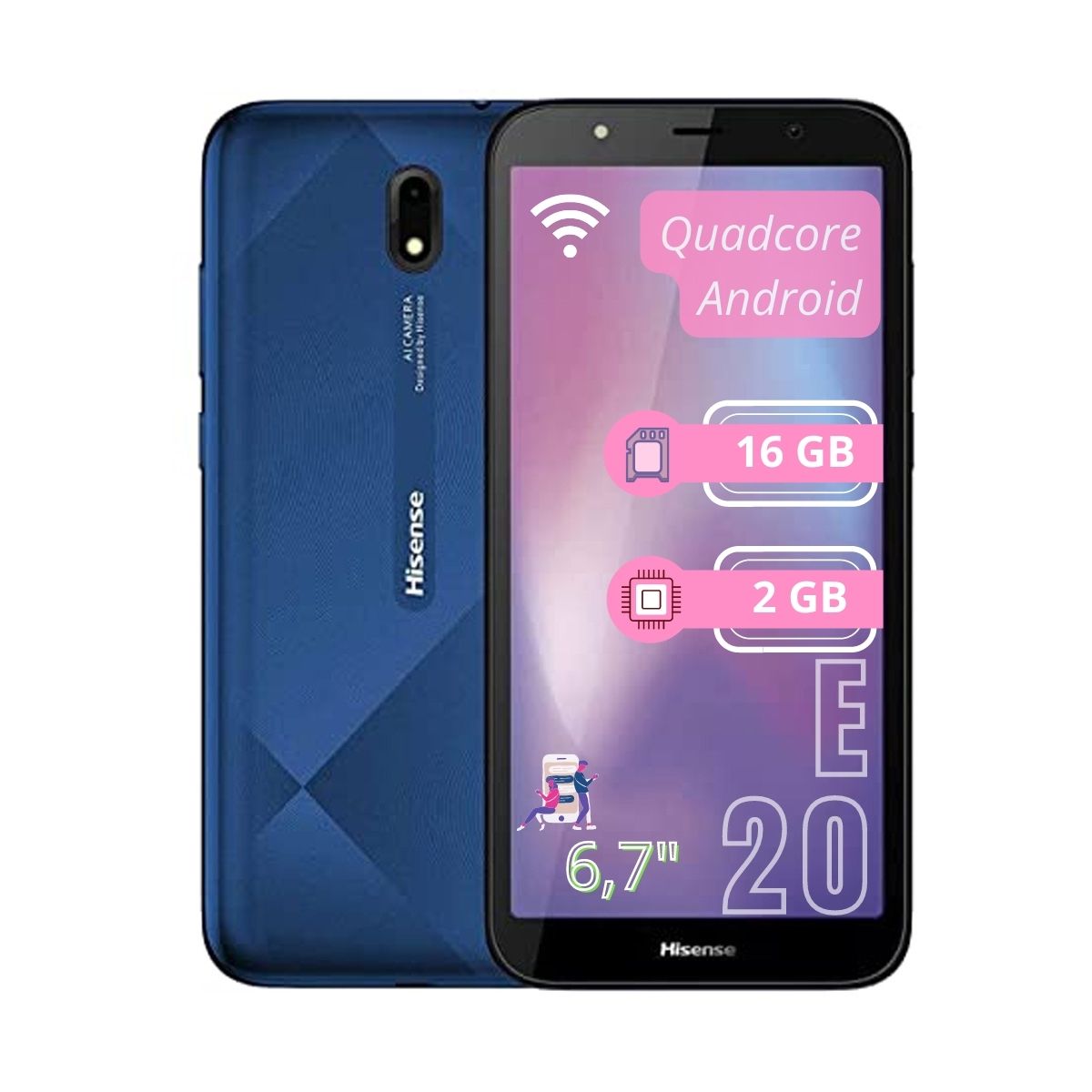 Celular Hisense E20 5.7" Face ID 16GB /2GB Cámara 13MP/5MP Quadcore Android 10 Go Color Azul