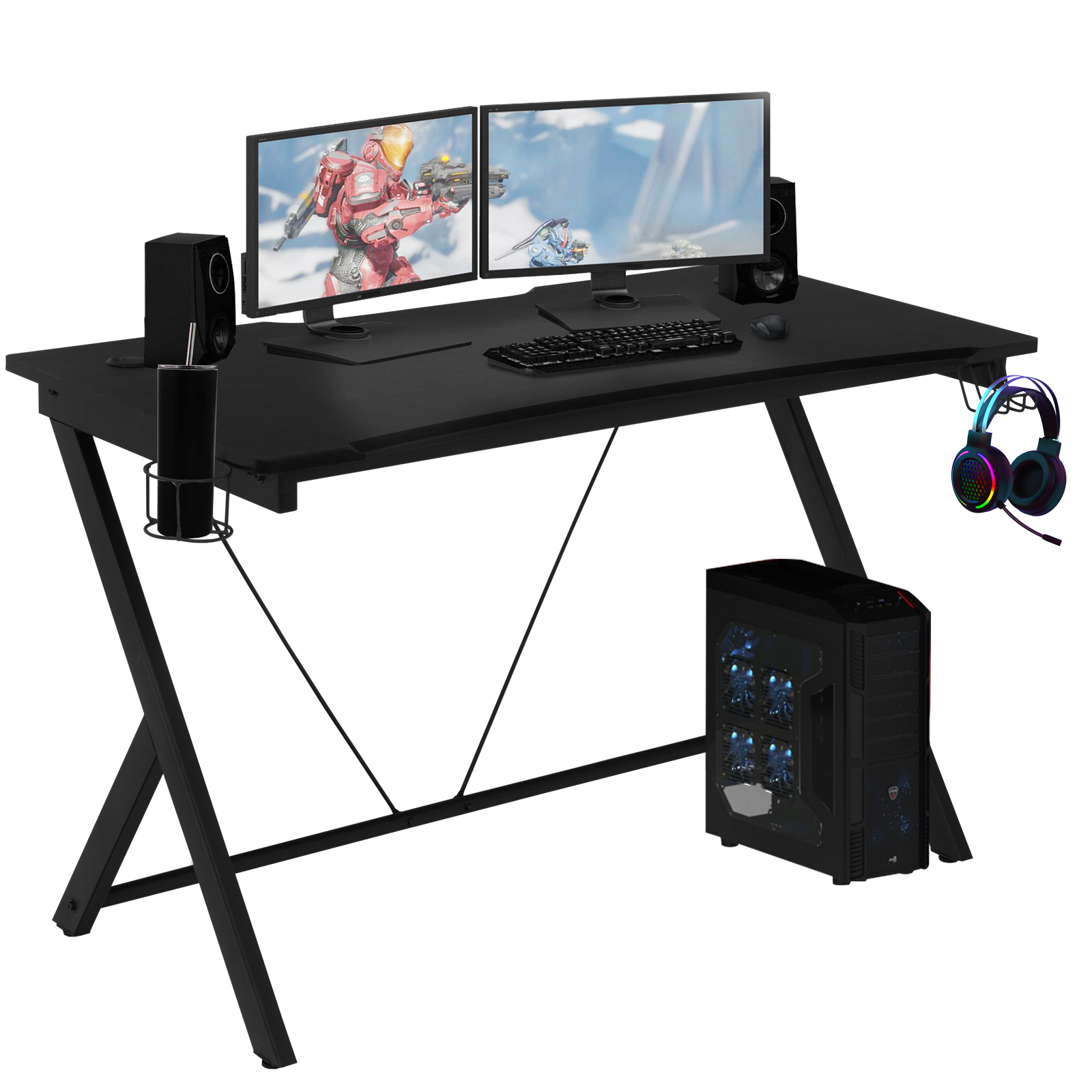 Escritorio Gamer Moderno para Computadora con Portavasos y Gancho para Auriculares Negro