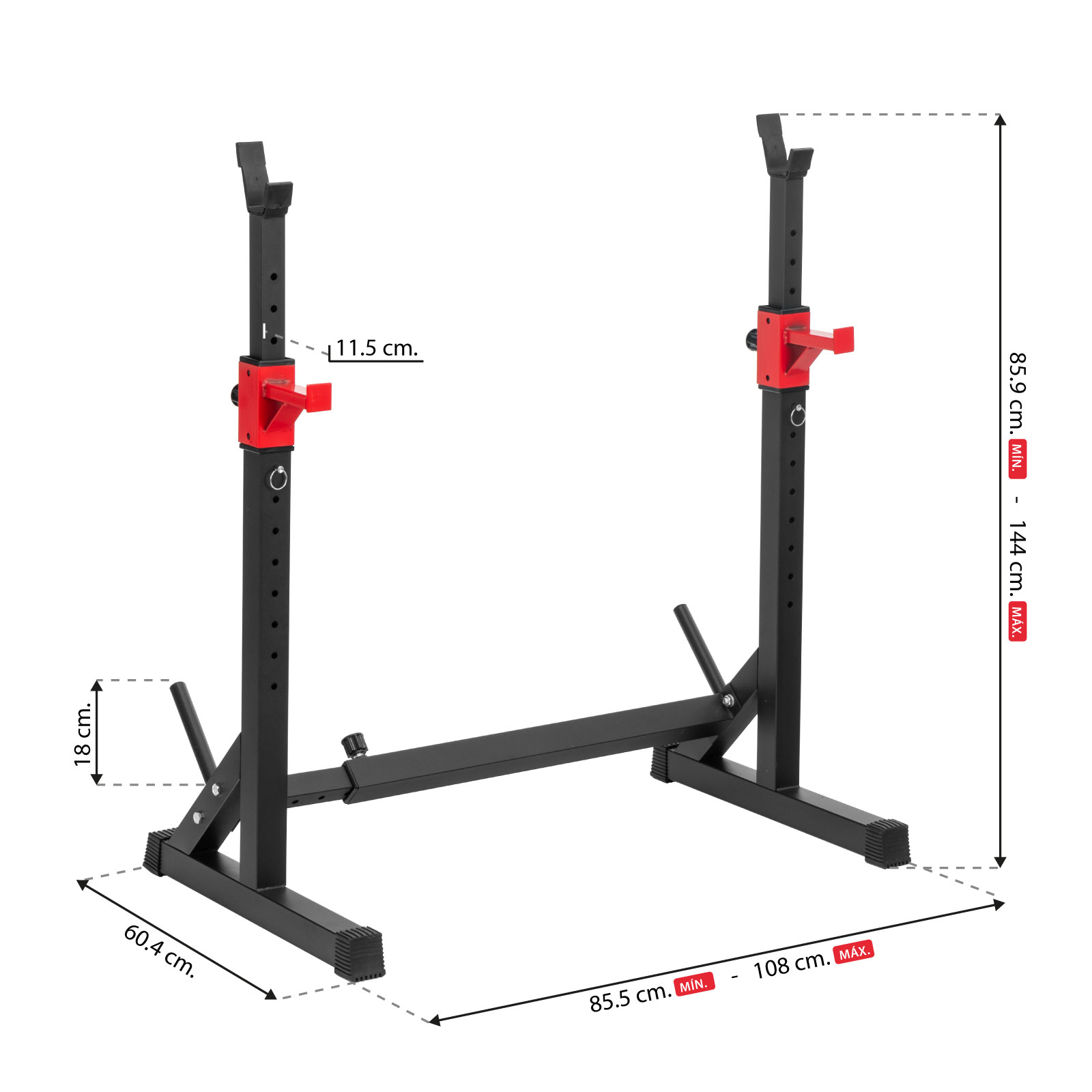 Squat Rack Ajustable Soporte para Barras de 1 Pieza - Negro con Rojo