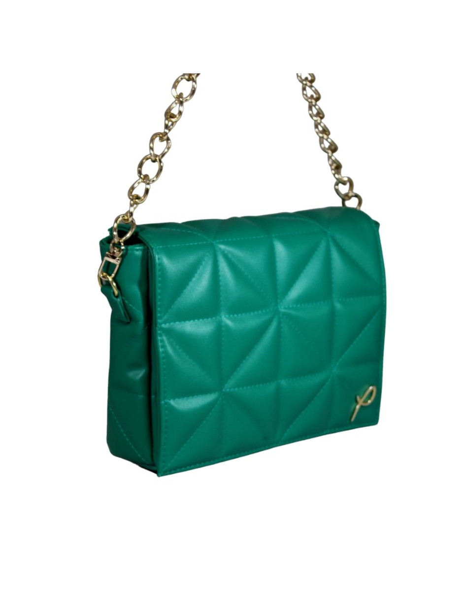 Bolsa Crosbody color esmeralda con textura capitoneada y asa de cadena