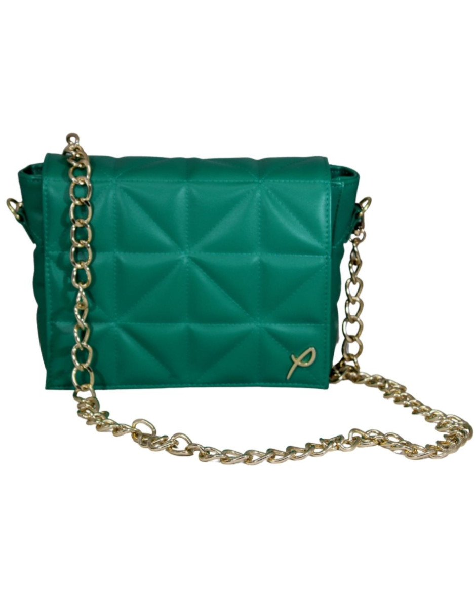 Bolsa Crosbody color esmeralda con textura capitoneada y asa de cadena