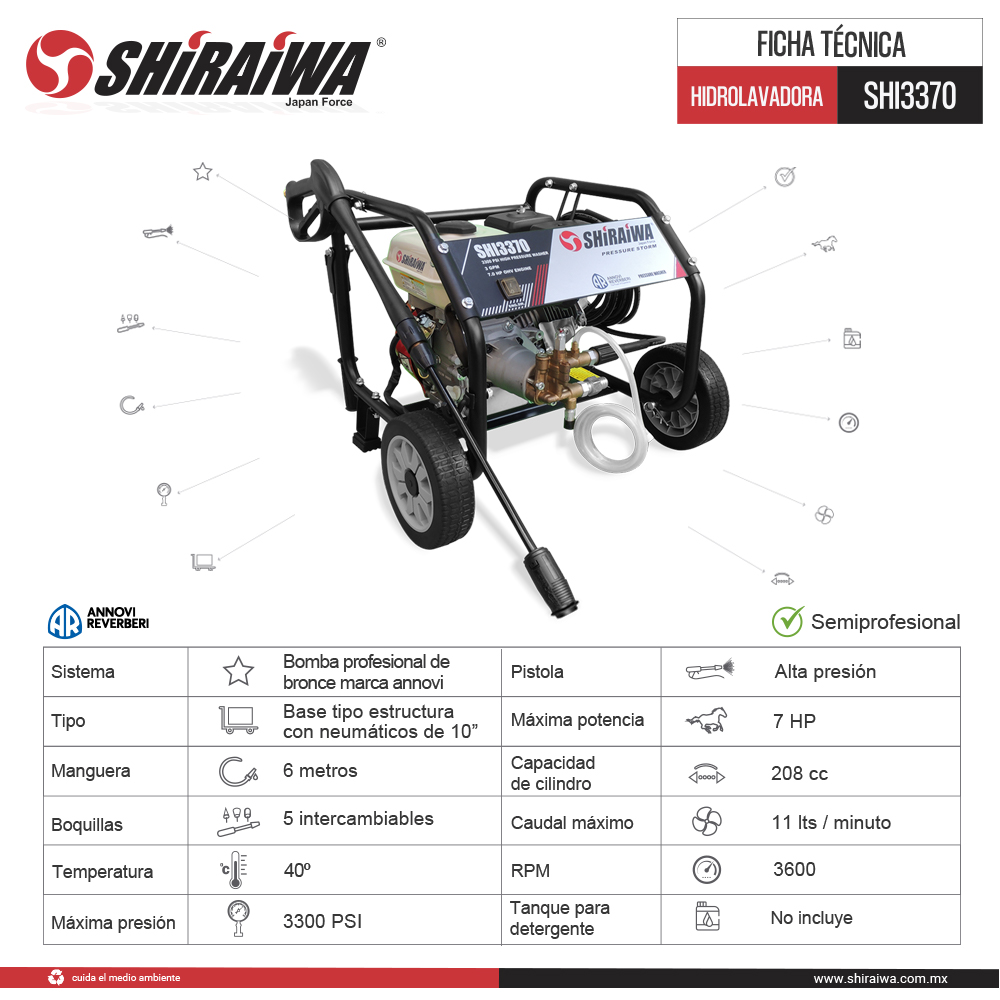 HIDROLAVADORA INDUSTRIAL A GASOLINA 7 HP 3300 PSI SHIRAIWA SHI3370
