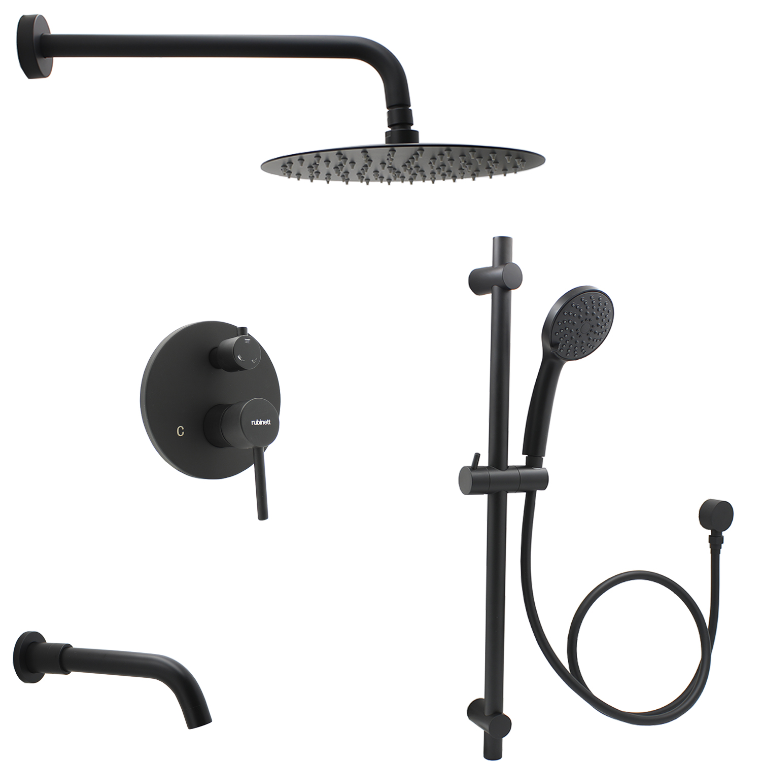 Accesorios Baño Redondo Regadera Teléfono Salida Tina Negro Mate.