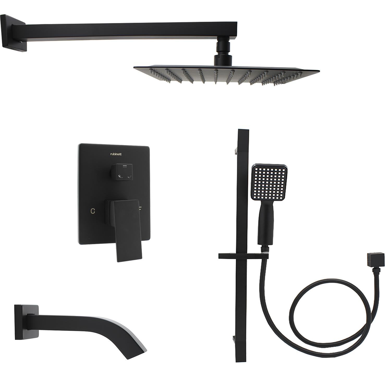 Accesorios Baño Cuadrado Regadera Teléfono Salida Tina Negro Mate.