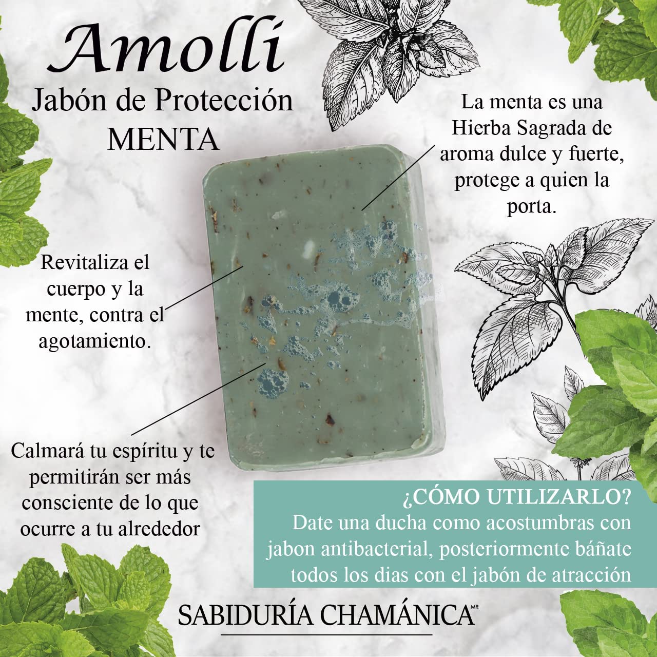 Jabon Amolli 100% Orgánico Energético Menta, hierbas, esencias, limpieza, spa, piel, natural, tocador, baño, spa, relajacion, hierbas