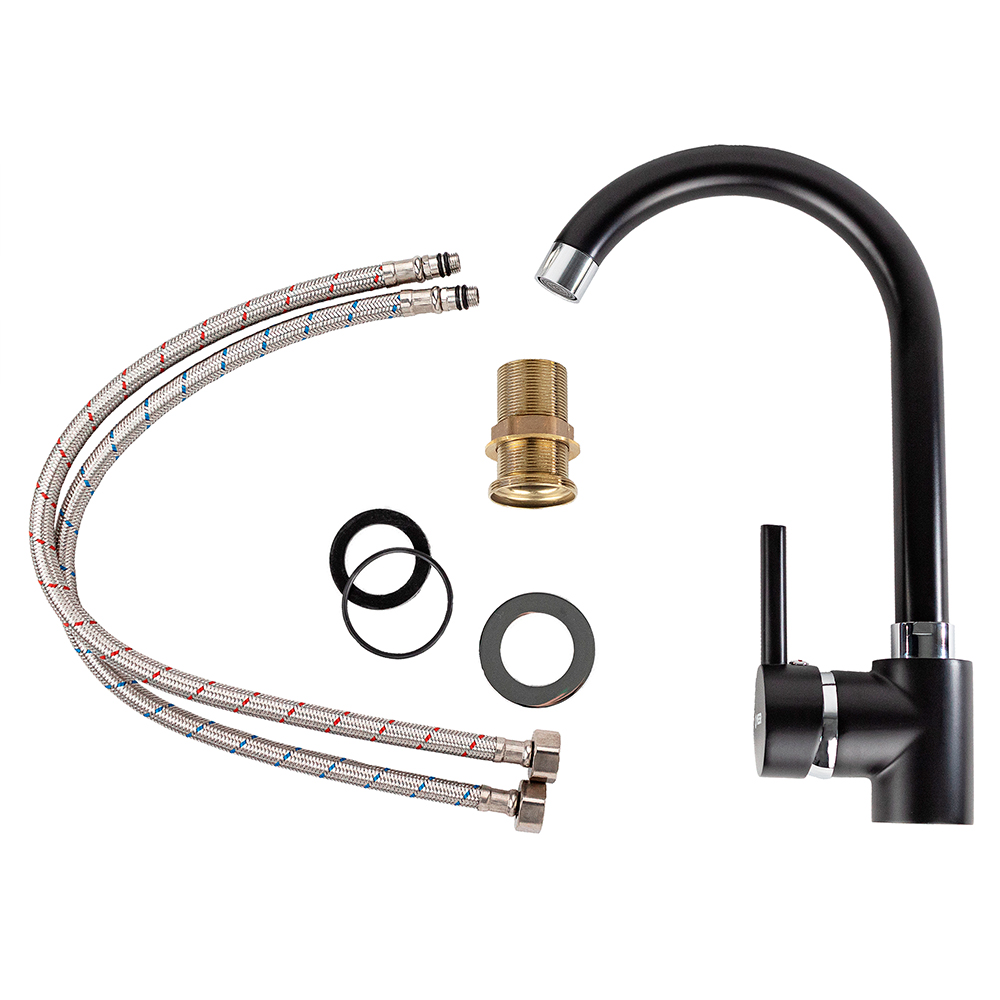 Mezcladora Monomando para Fregadero en Negro Mate, Incluye mangueras para agua fría y caliente.