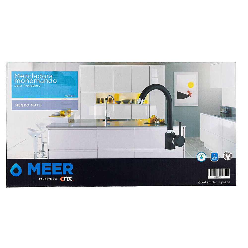 Mezcladora Monomando para Fregadero en Negro Mate, Incluye mangueras para agua fría y caliente.