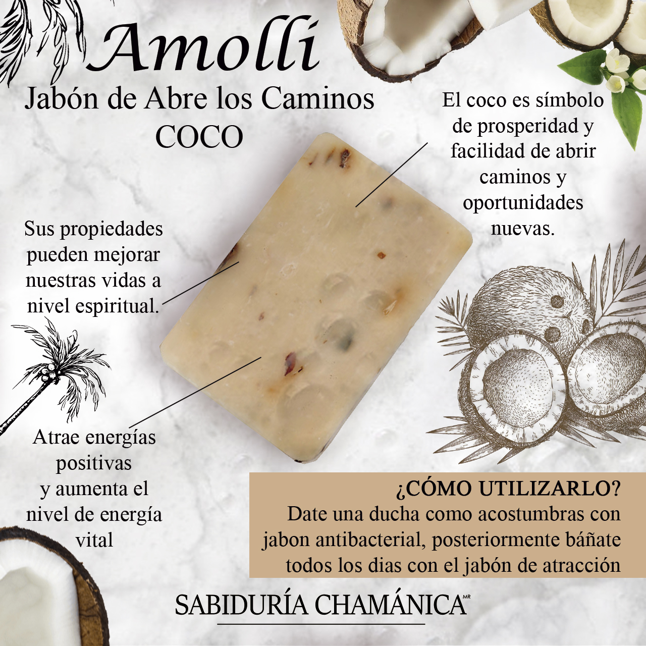 Jabon Amolli 100% Orgánico Energético Coco, hierbas, esencias, limpieza, spa, piel, natural, tocador, baño, spa, relajacion, hierbas