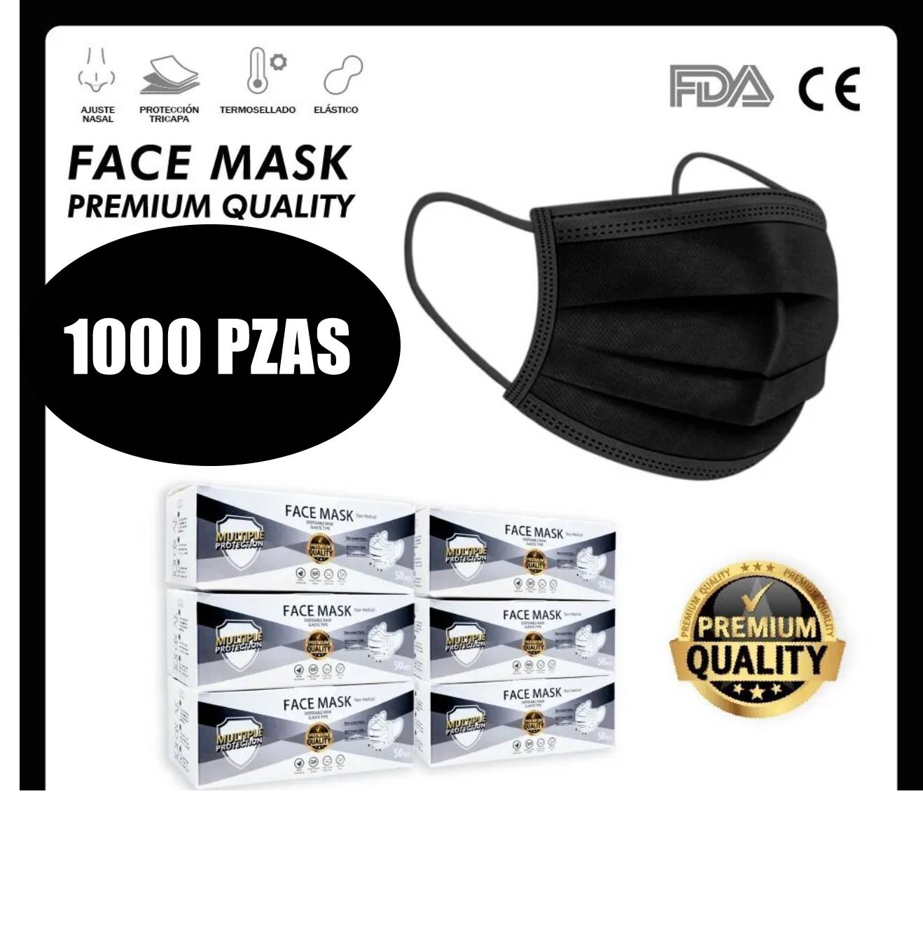 Cubrebocas 1000 Piezas Tapabocas Tricapa Termosellado COLOR NEGRO