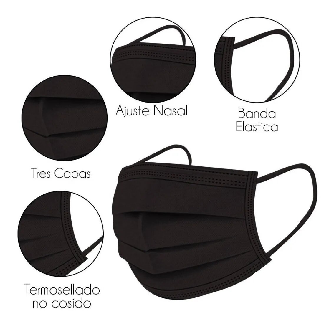 Cubrebocas 1000 Piezas Tapabocas Tricapa Termosellado COLOR NEGRO