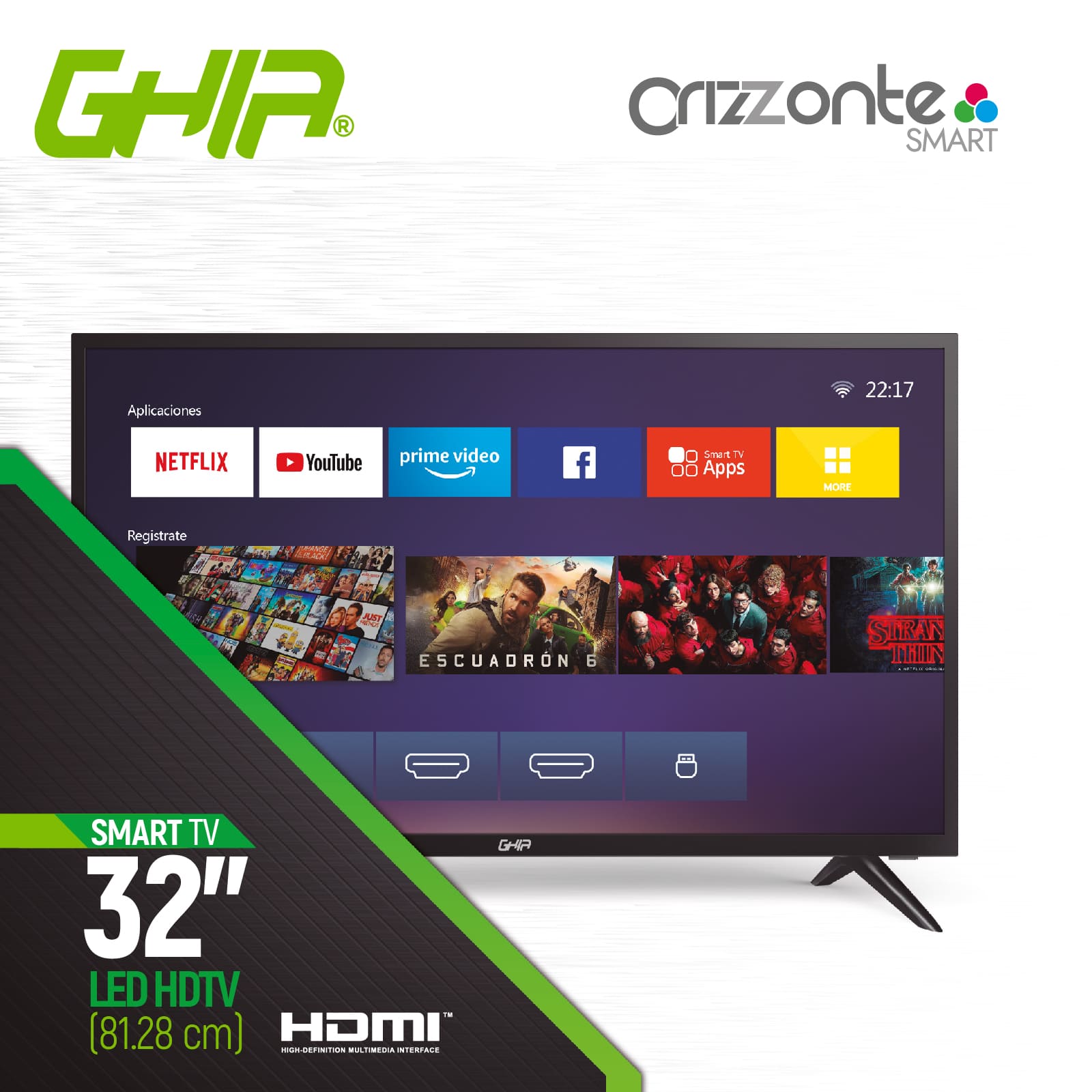 Televisión de 32'' HD, Smart Netflix, Ghia Orizzonte G32NTFXHD20