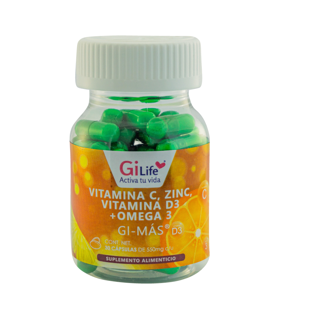 Gi-más, Vitamina C, Zinc, Vitamina D3+ Omega 3, Gi life, Frasco transparente con 30 cápsulas de 550 mg c/u