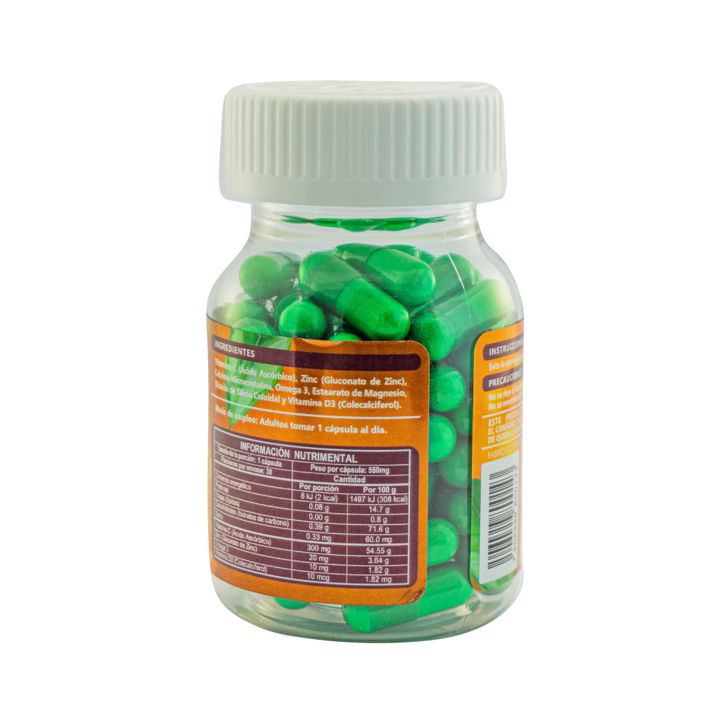 Gi-más, Vitamina C, Zinc, Vitamina D3+ Omega 3, Gi life, Frasco transparente con 30 cápsulas de 550 mg c/u