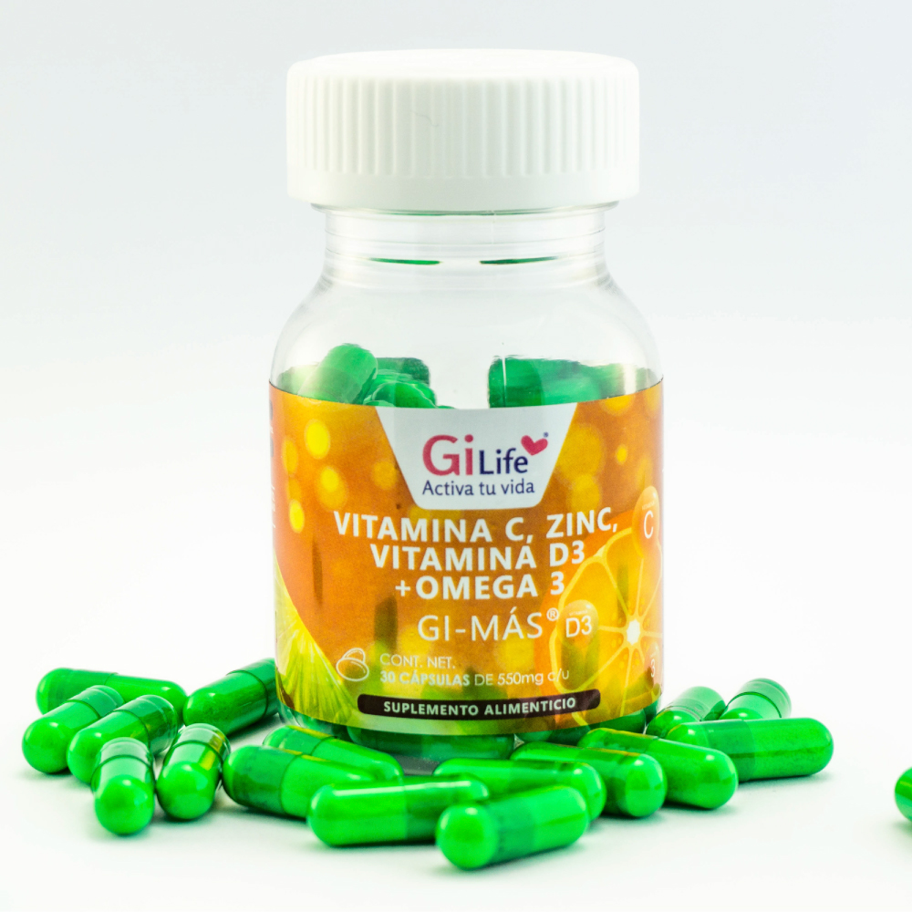 Gi-más, Vitamina C, Zinc, Vitamina D3+ Omega 3, Gi life, Frasco transparente con 30 cápsulas de 550 mg c/u