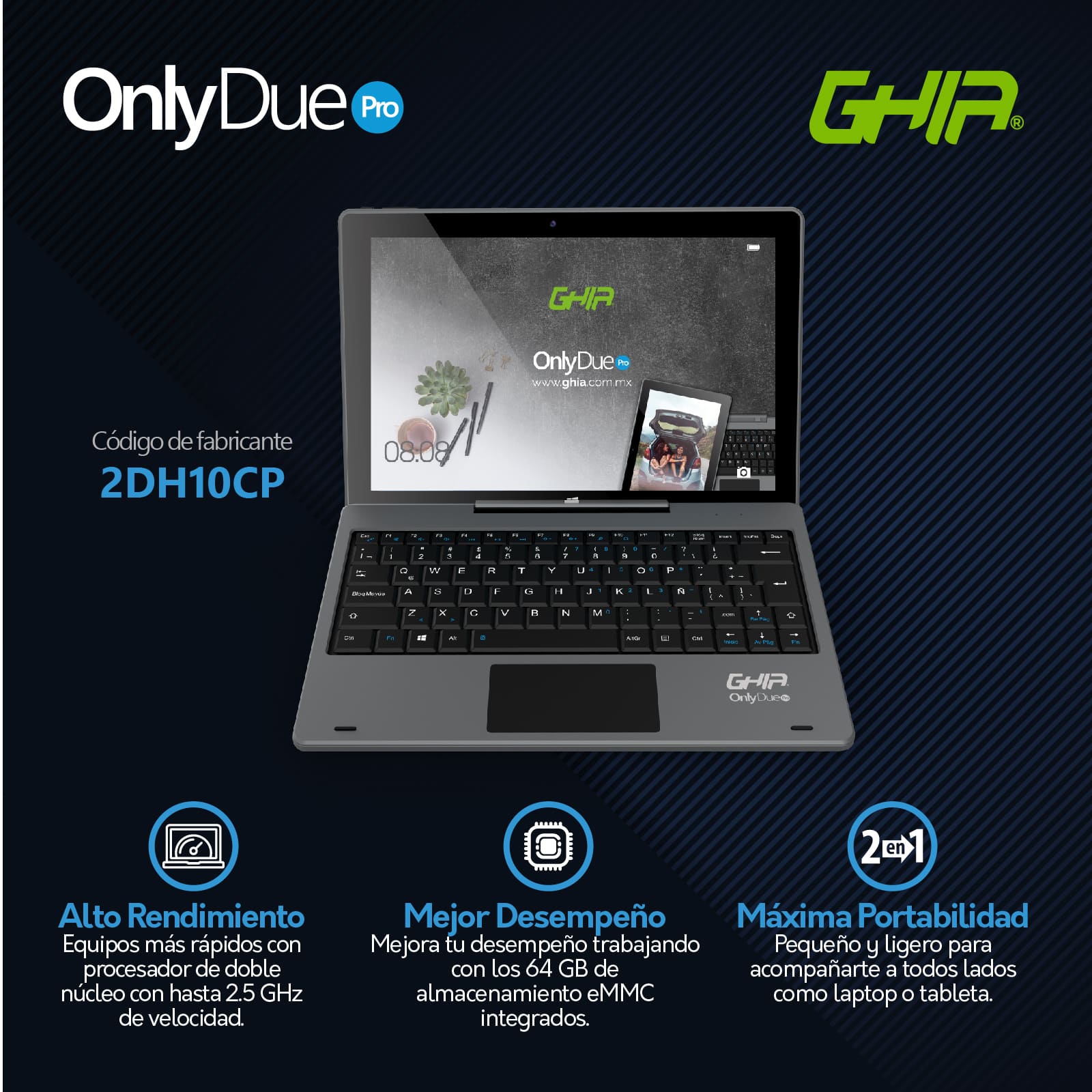 Ghia Only Due Pro de 10.1'', Intel Celeron J3355, 3 GB RAM, 64 GB eMMC, Windows 10 Pro