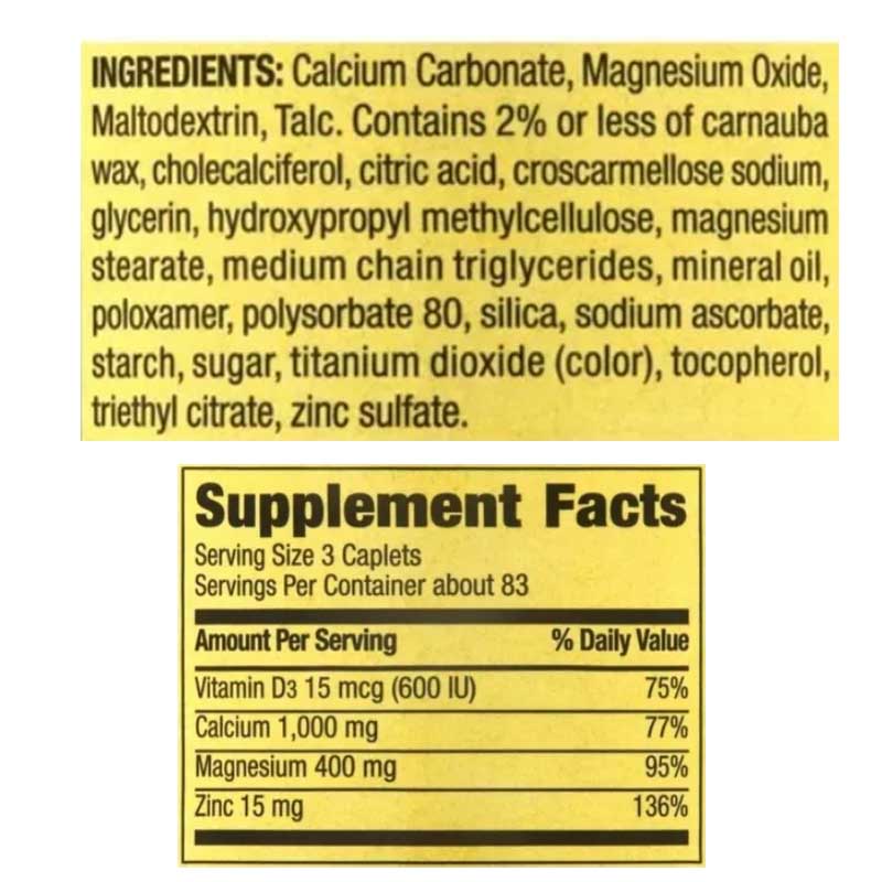 Calcio Magnesio Zinc + Vitamina D3 250 Caps Multivitaminico Spring Valley 