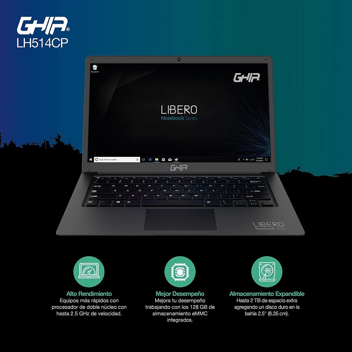 Laptop Ghia Libero LH514CP de 14.1'' Intel Celeron J3355, 4GB RAM, 128GB HDD, Windows 10 Pro