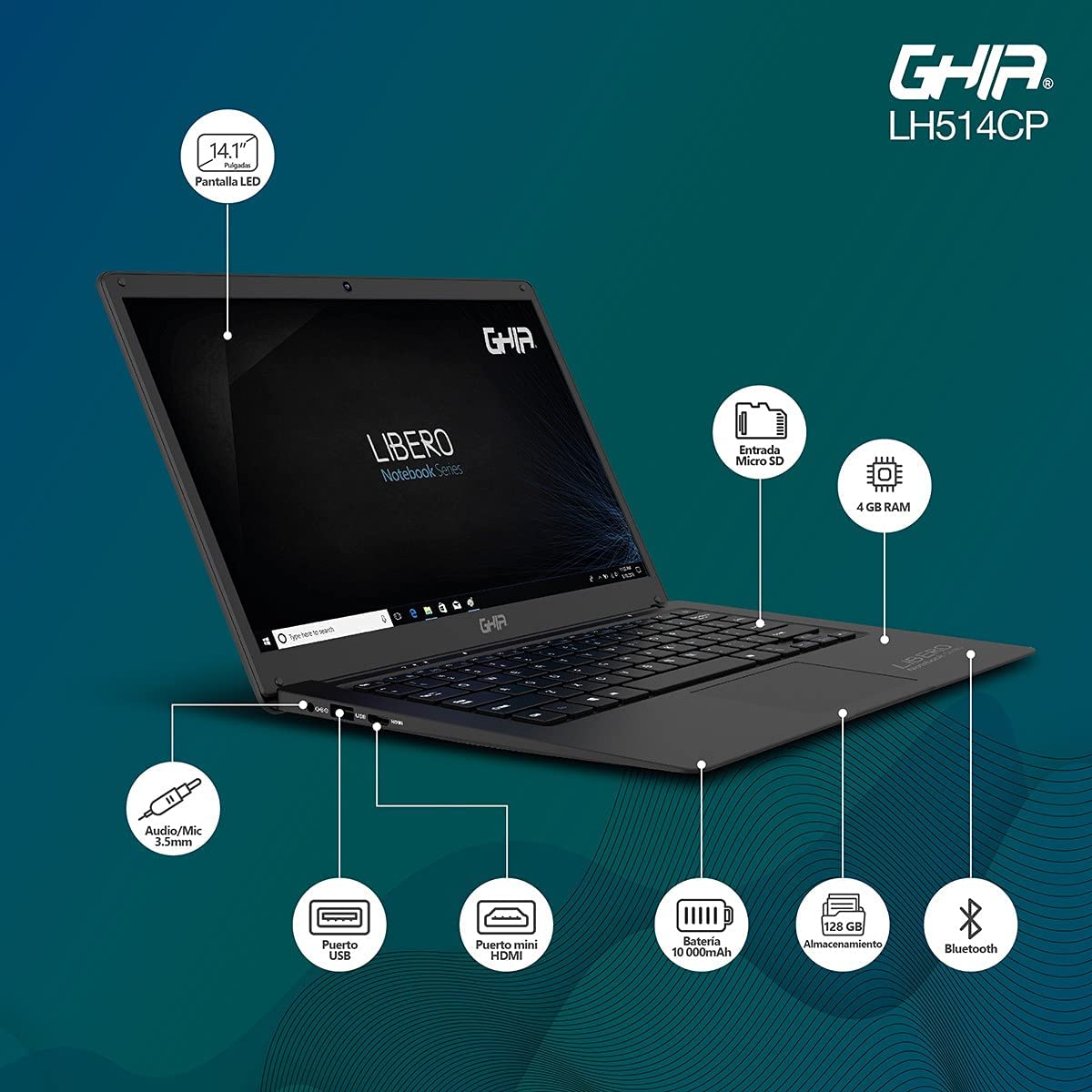 Laptop Ghia Libero LH514CP de 14.1'' Intel Celeron J3355, 4GB RAM, 128GB HDD, Windows 10 Pro