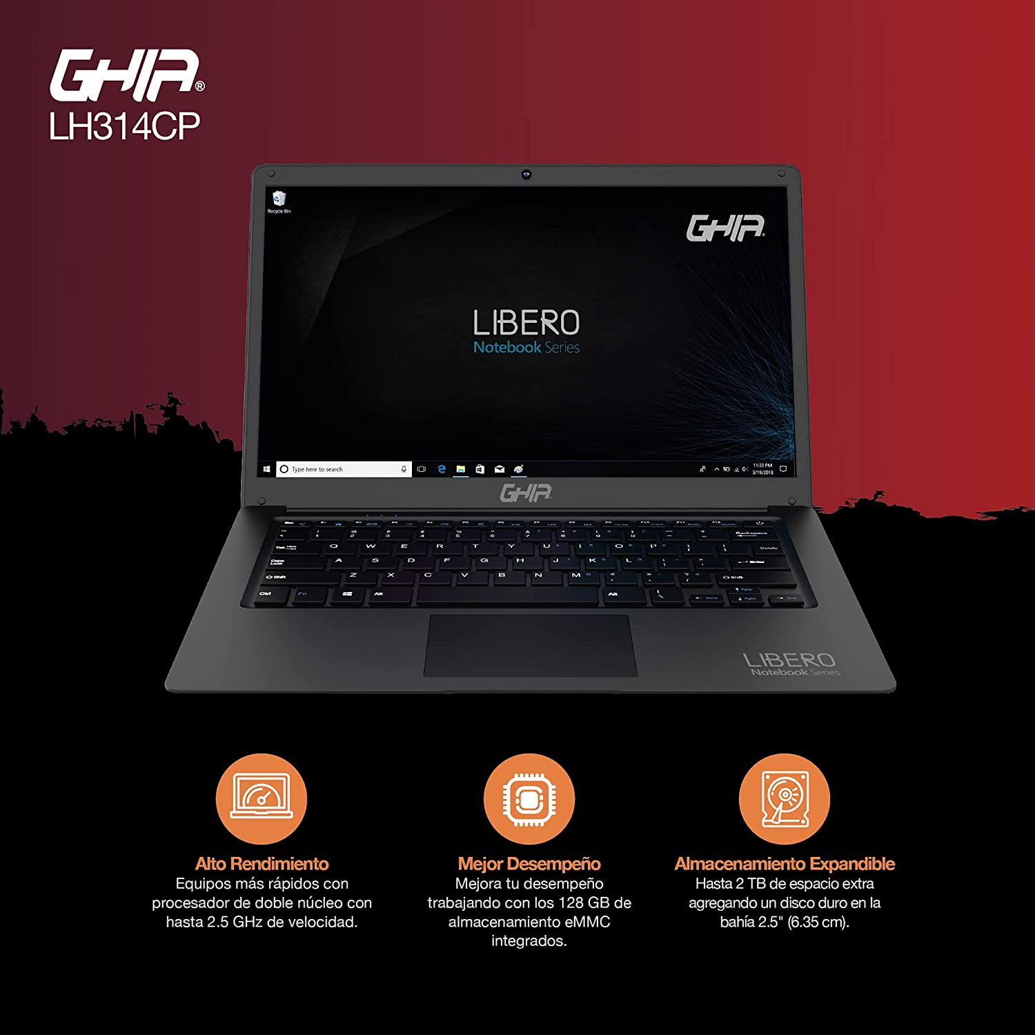 Laptop Ghia Libero LH314CP de 14.1'' Intel Celeron J3355, 4 GB RAM, 128 GB eMMC, Windows 10 Pro