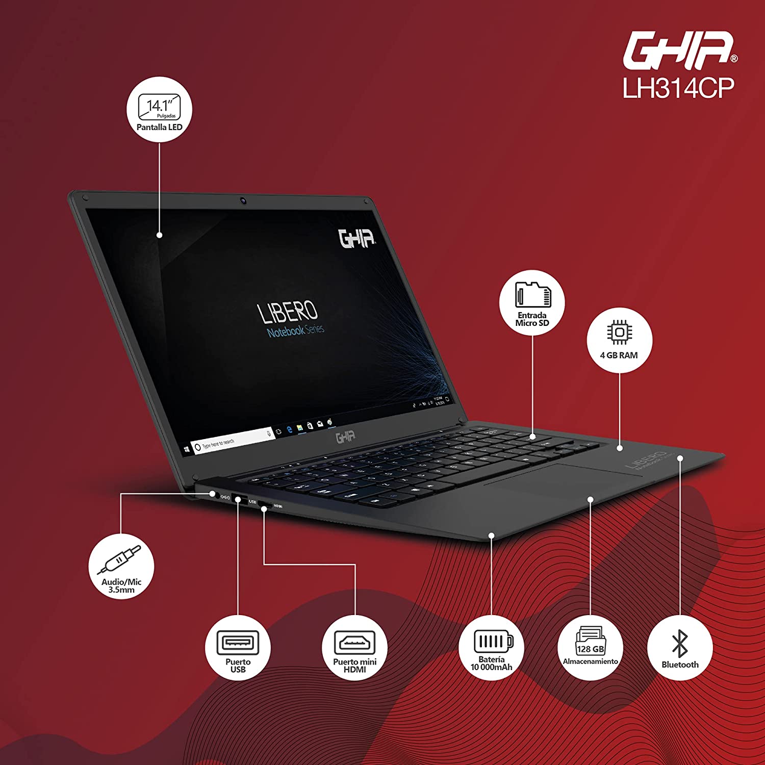 Laptop Ghia Libero LH314CP de 14.1'' Intel Celeron J3355, 4 GB RAM, 128 GB eMMC, Windows 10 Pro