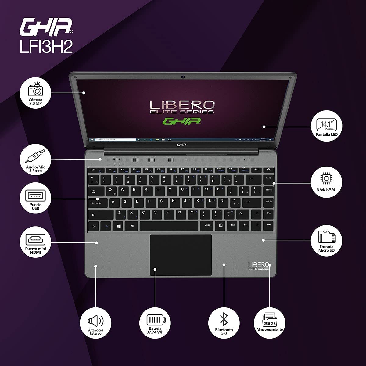 Ghia Libero Elite LFI3H2-A de 14.1'', Intel Core i3-10110U, 8 GB RAM, 256 GB SSD, Windows 10 Home