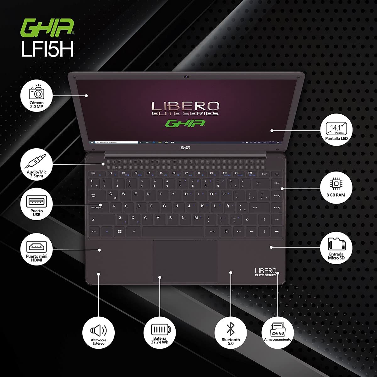 Ghia Libero Elite LFI5H de 14.1'', Intel Core i5-8259U, 8 GB RAM, 256 GB SSD, Windows 10 Home