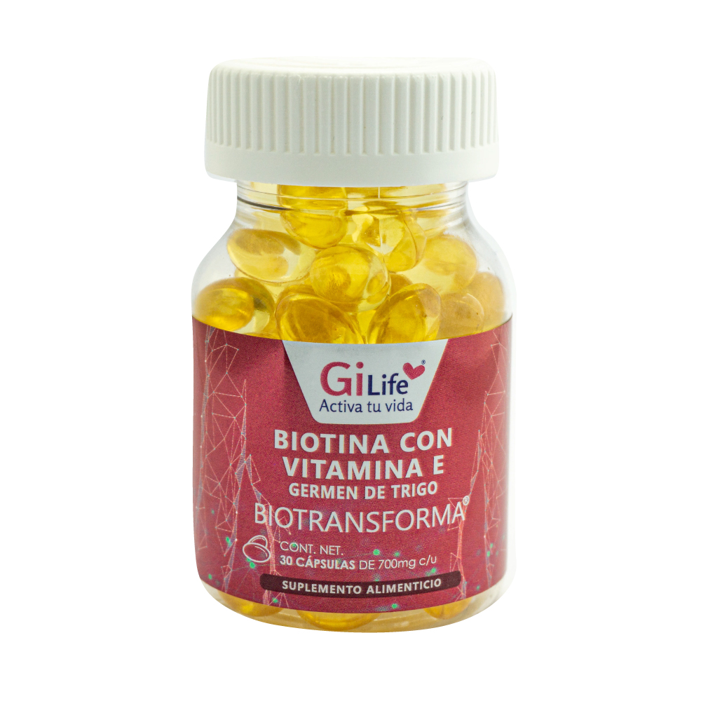 Biotransforma, Biotina con Vitamina E, Germen de trigo, Gi life, Frasco transparente con 30 cápsulas de 700 mg c/u