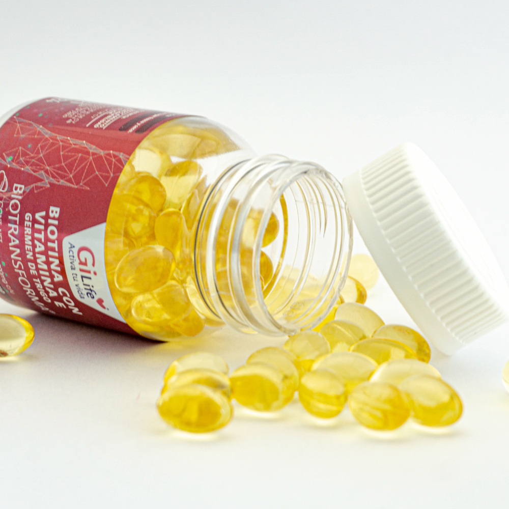 Biotransforma, Biotina con Vitamina E, Germen de trigo, Gi life, Frasco transparente con 30 cápsulas de 700 mg c/u