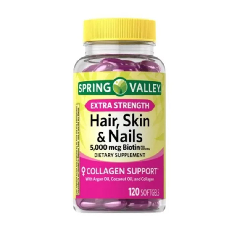 Biotin 5000mg Spring Valley 120 softgels + Colageno Hair Skin & Nails Extra Fuerte