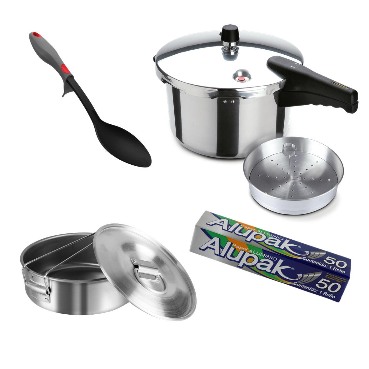 Kit Presto ahorra tiempo y conserva los nutrientes (Olla Express, Flanera, Cuchara y Papel Aluminio)