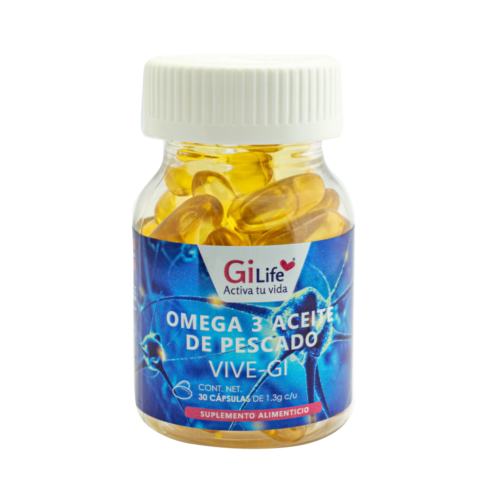 Vive- gi, Omega 3 Aceite de Pescado, Gi life, Frasco transparente con 30 cápsulas de 1.3g c/u