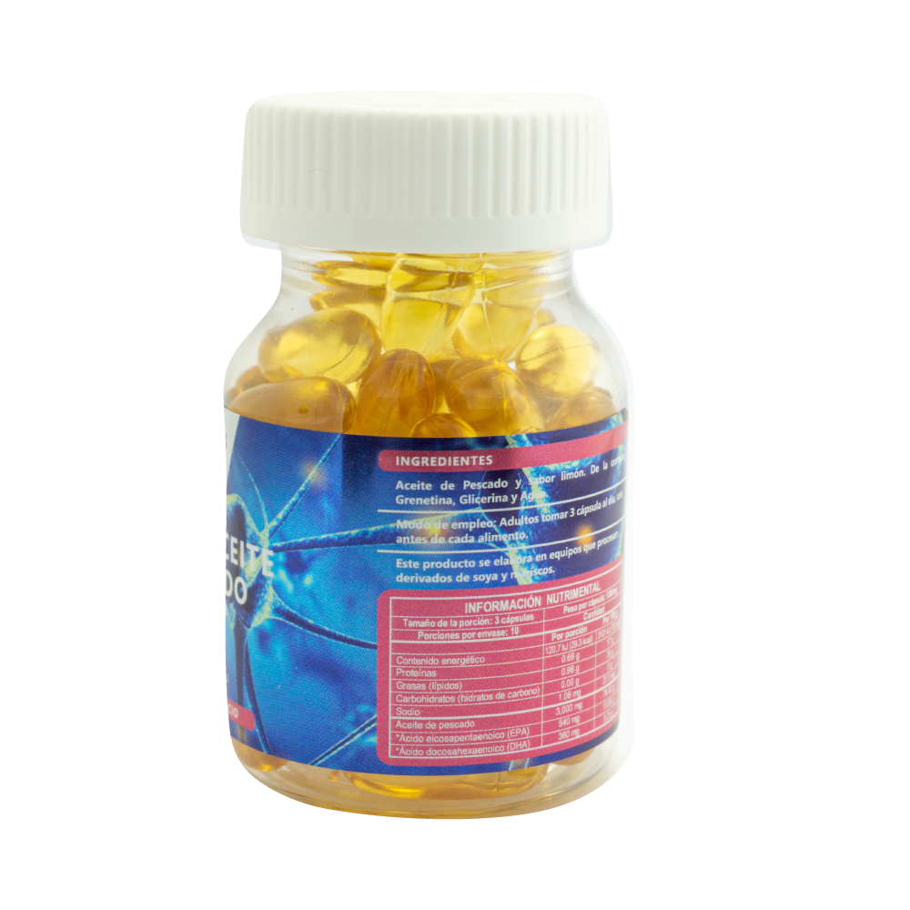 Vive- gi, Omega 3 Aceite de Pescado, Gi life, Frasco transparente con 30 cápsulas de 1.3g c/u