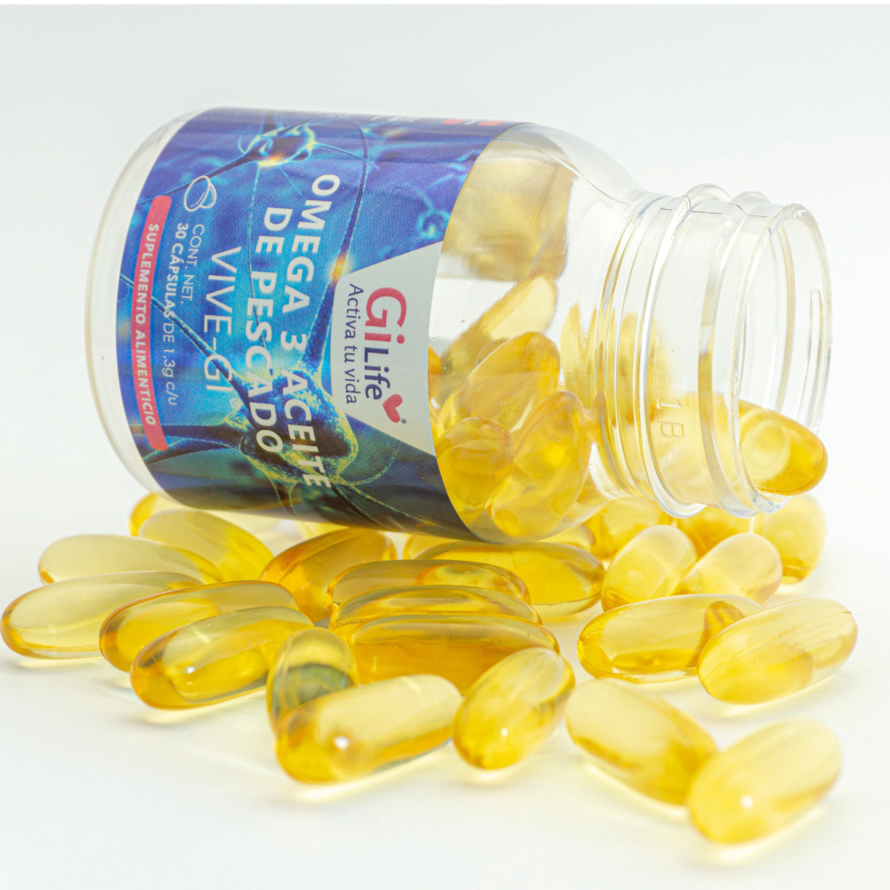 Vive- gi, Omega 3 Aceite de Pescado, Gi life, Frasco transparente con 30 cápsulas de 1.3g c/u