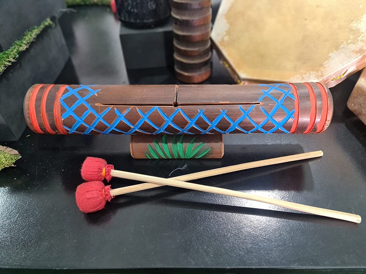 Tambor Teponaztli teponaztle o teponaxtli Chamánico con Baquetas de Madera, Xilofono madera, instrumento, musica, naturaleza, sonidos, indigenas, artesania, mayas, aztecas