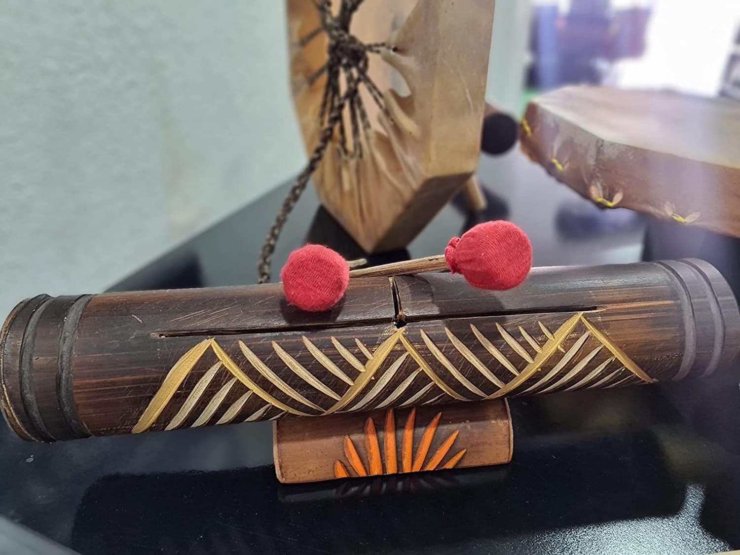 Tambor Teponaztli teponaztle o teponaxtli Chamánico con Baquetas de Madera, Xilofono madera, instrumento, musica, naturaleza, sonidos, indigenas, artesania, mayas, aztecas