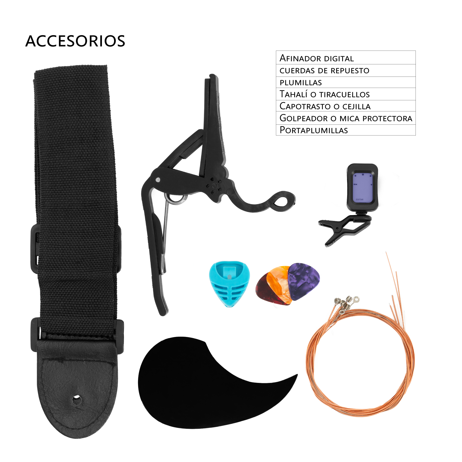 Kit de Guitarra Acústica Clásica con Accesorios, Funda, Afinador digital, Juego de cuerdas, Púas, Mica protectora