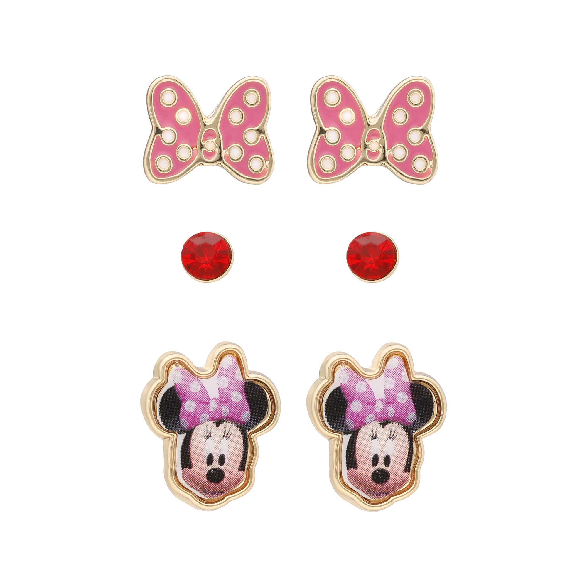 3 Pares Aretes Minnie Mouse Disney Oficial Rosa Rojo