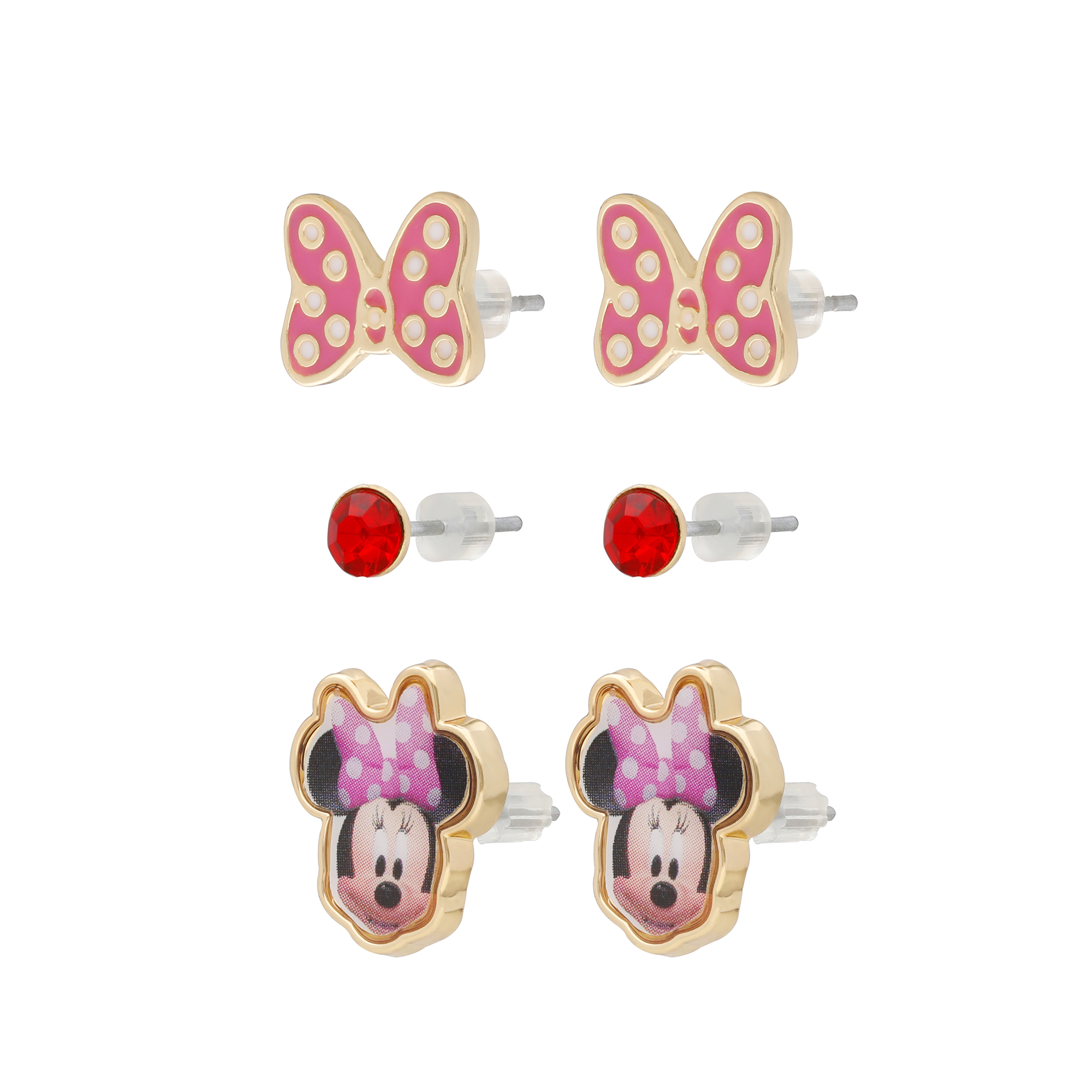 3 Pares Aretes Minnie Mouse Disney Oficial Rosa Rojo