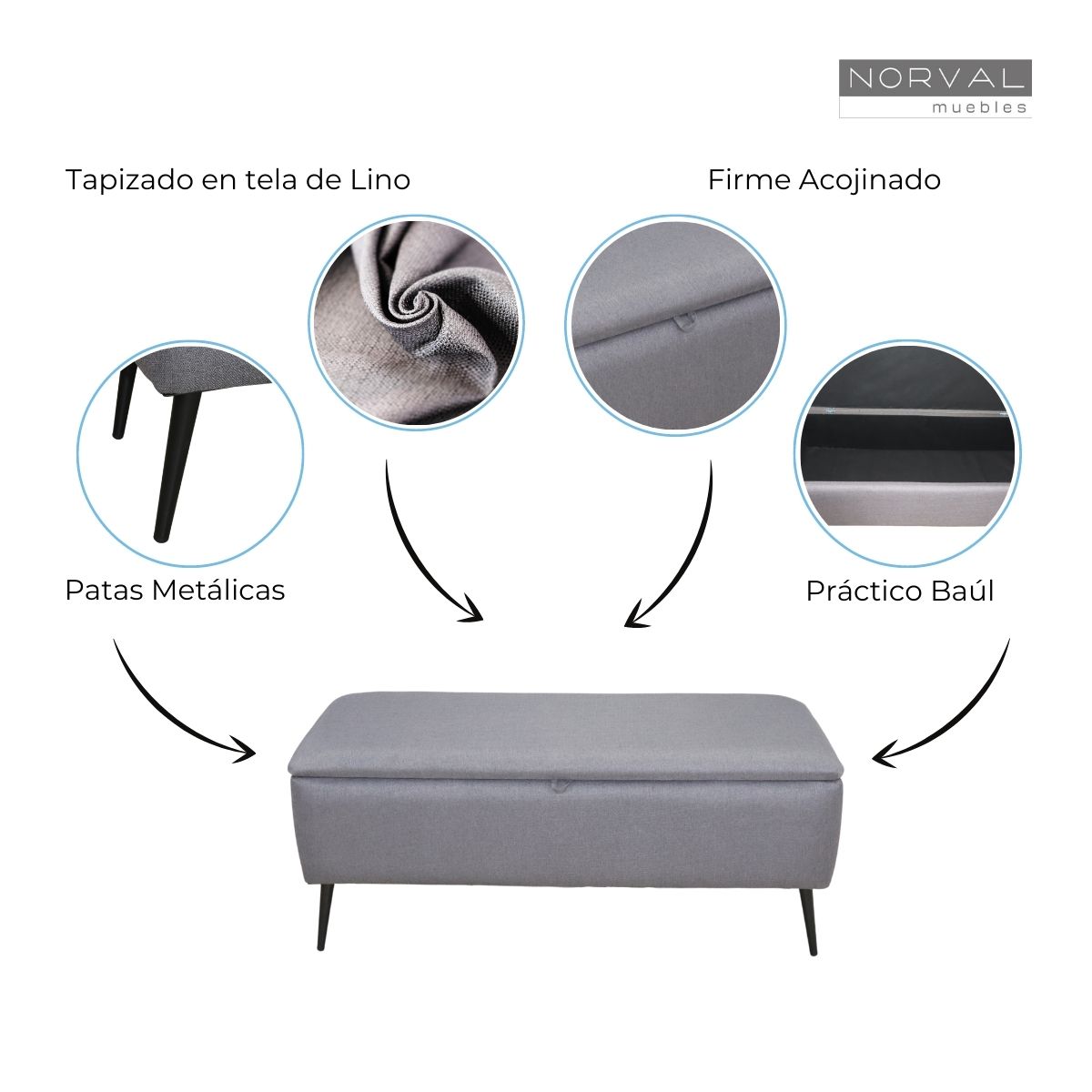 Otomano Individual Liverpool Pie de Cama con Baúl tapizado en Lino Gris Reposapiés para Sala NORVAL Muebles