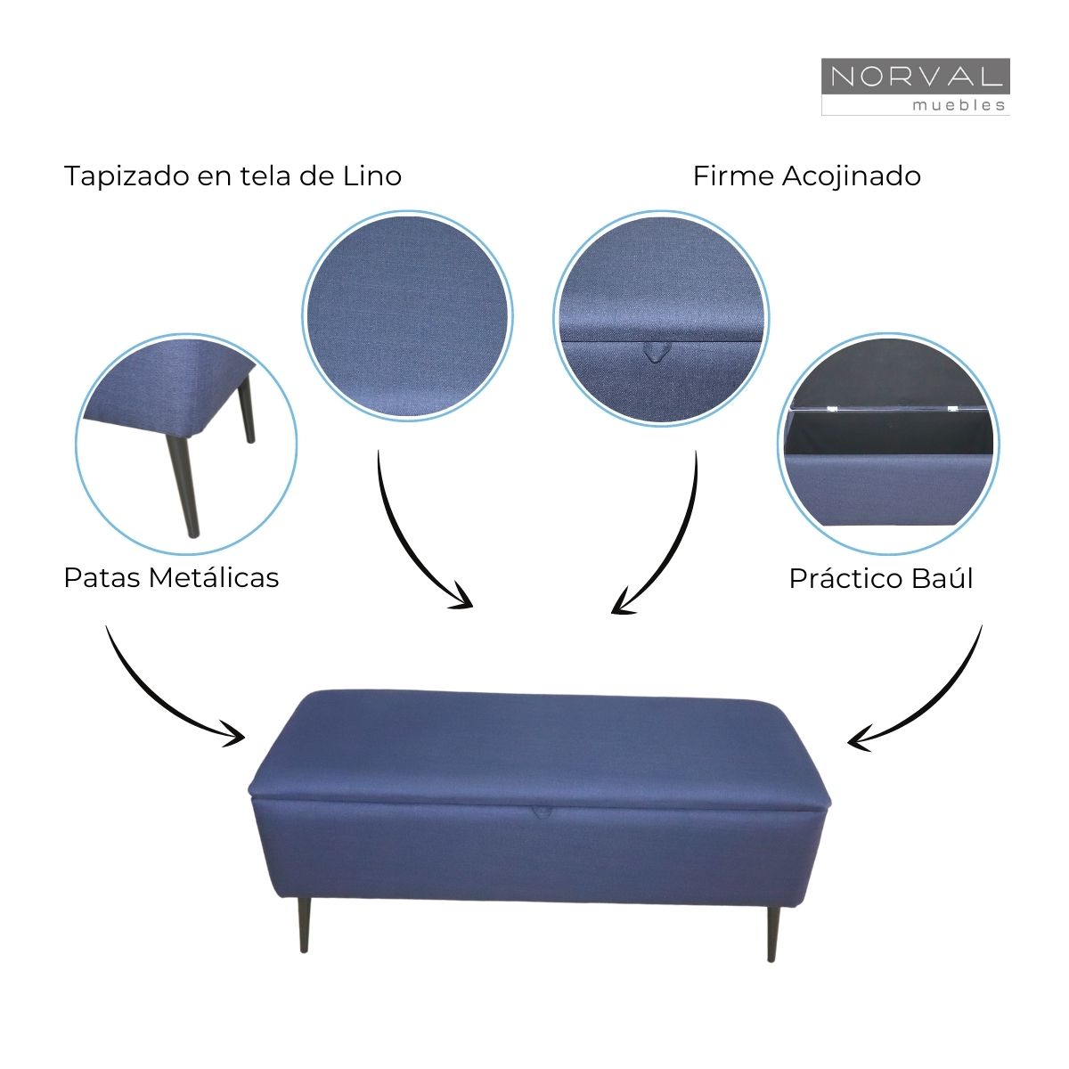 Puff Moderno Individual Baúl Liverpool tapizado en Lino Azul Reposapiés para Sala o Recámara NORVAL Muebles