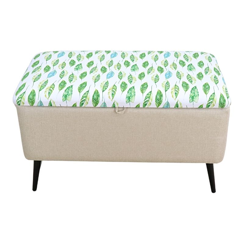 Puff para Recámara NORVAL Muebles Otomán Liverpool tapizado en Lino Beige con Estampado Hojas Reposapiés Individual para Sala o Pie de Cama con Baúl